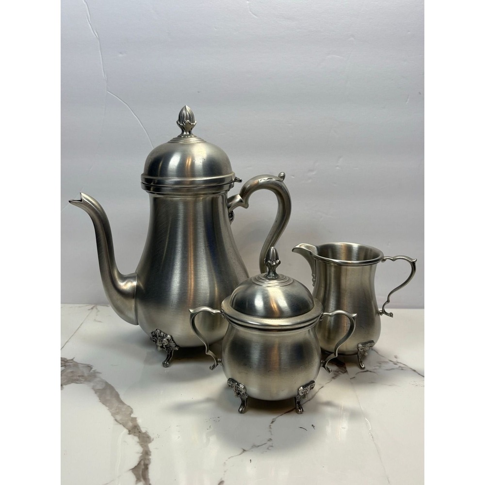 Boardman Pewter Tea Coffee Set‎ 3pc Rams Head Feet Teapot Sugar Creamer - Picture 8 of 12